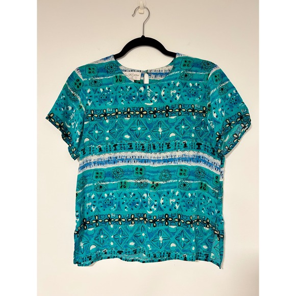 Kim Rogers Tops - Kim Rogers Petite Small 100% Silk Teal Blue Abstract Geometric Short Sleeve Top